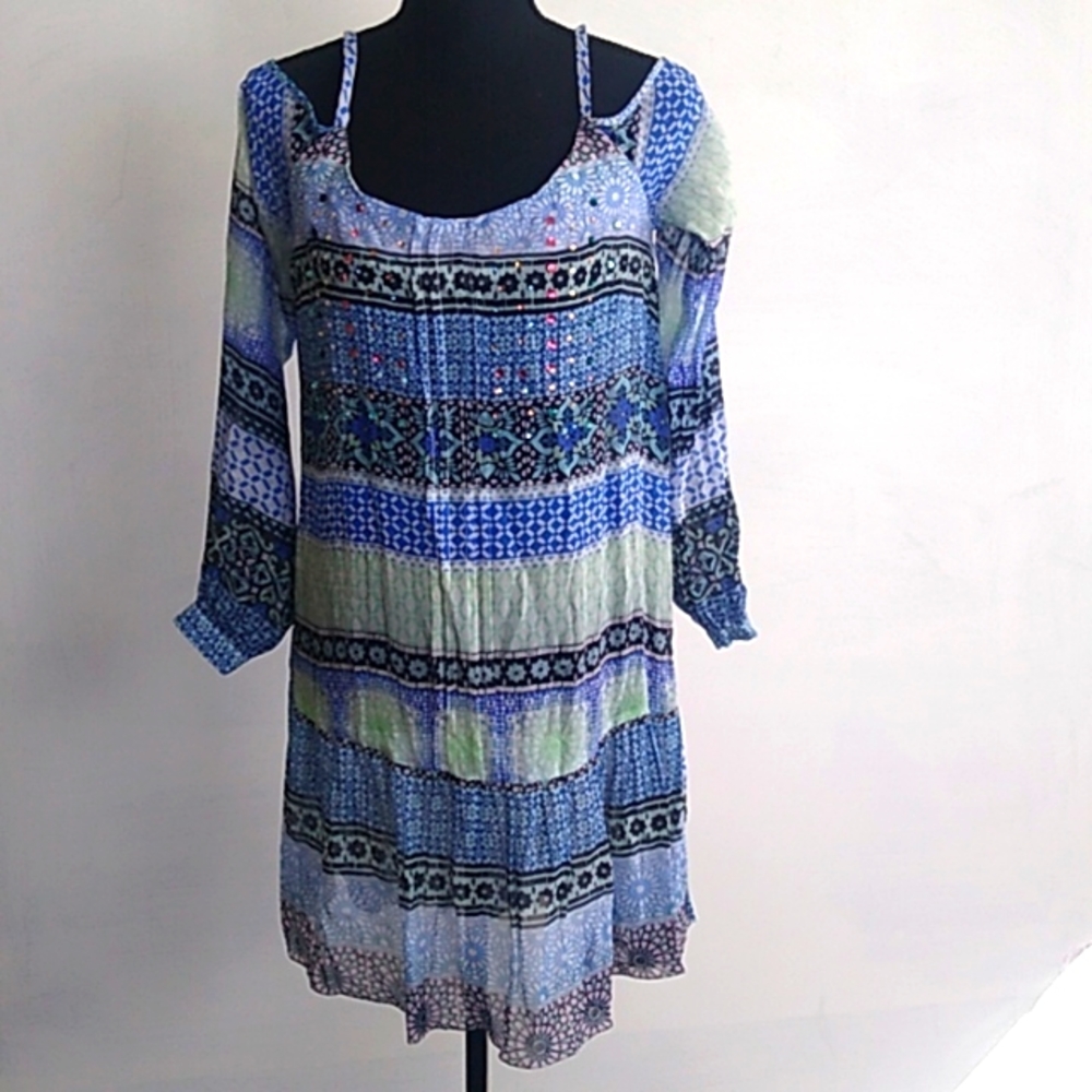 Artelier Nicole Miller Tunic/Mini Blue Mosiac Embellished Boho Size P XS NWT